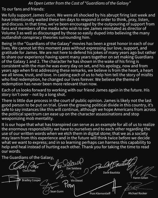 La carta abierta de los «Guardianes de la Galaxia»