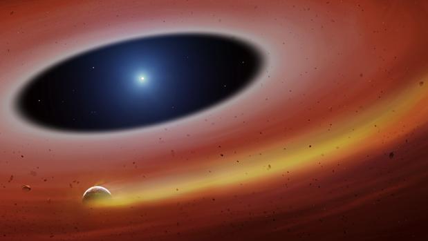 Representación de un fragmento metálico orbitando la estrella SDSS J122859.93+104032.9, a 413 años luz de la Tierra