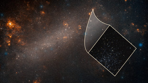 Esta es una visión de un telescopio terrestre de la Gran Nube de Magallanes, una galaxia satélite de nuestra Vía Láctea. La imagen del recuadro, tomada por el Hubble, revela uno de los muchos cúmulos de estrellas dispersos por toda la galaxia enana