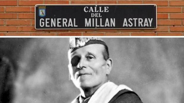 Calle del General Millán AStray, junto a una foto del militar