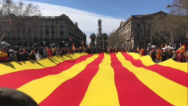 Los asistentes han desplegado una gran señera