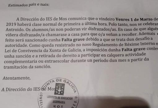 Circular enviada por la dirección del IES de Mos