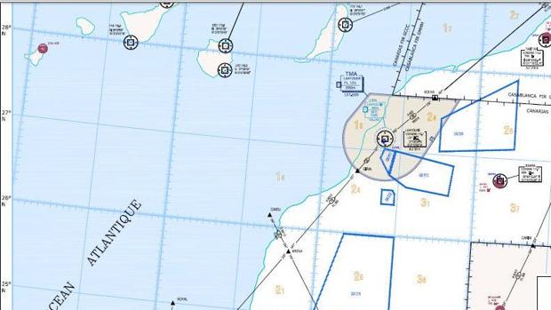 Desde Canarias se controla aproximaciones a los aeropuertos de El Aaiún y Dakhla (en gris y a baja altitud, Rabat)
