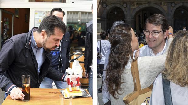 A la izquierda, Luis Tudanca celebra su cumpleaños en Burgos. En la derecha, Alfonso Fernández Malñueco pasea por las calles de Salamanca junto a su familia