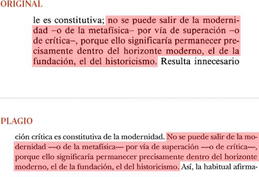 Arriba, extracto de la página 44 del citado libro de Vattimo y, debajo, la 421 de Cruz