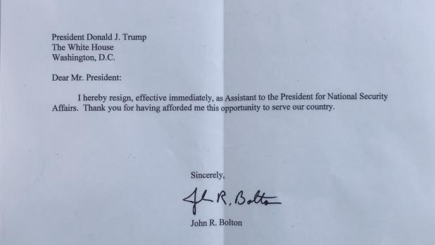 Carta de renuncia del ex consejero de Seguridad Nacional, John Bolton