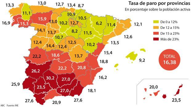 Mapa de la tasa de paro en España correspondiente a los últimos años de la crisis