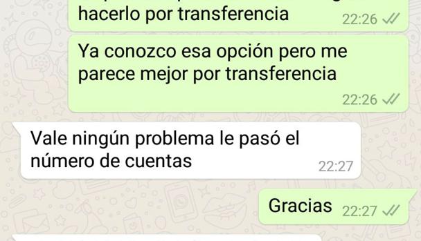 Pantallazo de un mensaje entre estafador y estafado de esta trama.