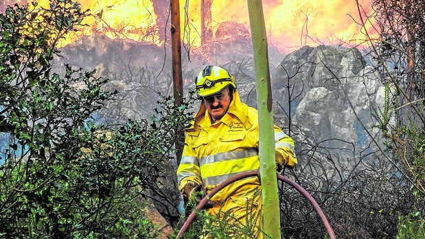 Un bombero lucha contra el fuego en Mazcuerras (Cantabria)